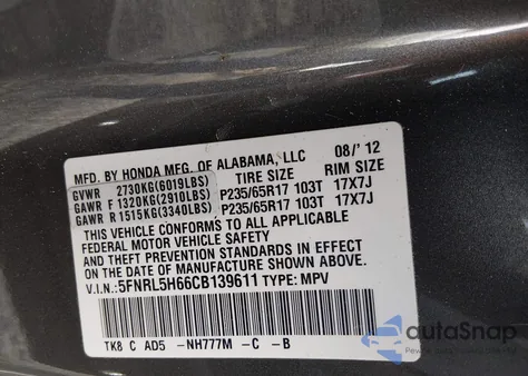 2012 Honda Odyssey Ex-L z USA, uszkodzony, nr VIN 5FNRL5H66CB139611